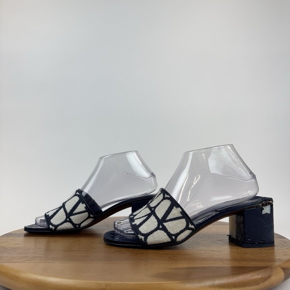 Womens Valentino Garavani Vlogo 50 Toile Navy Blue Heeled Slides Sandals Size 37 - Picture 2 of 10